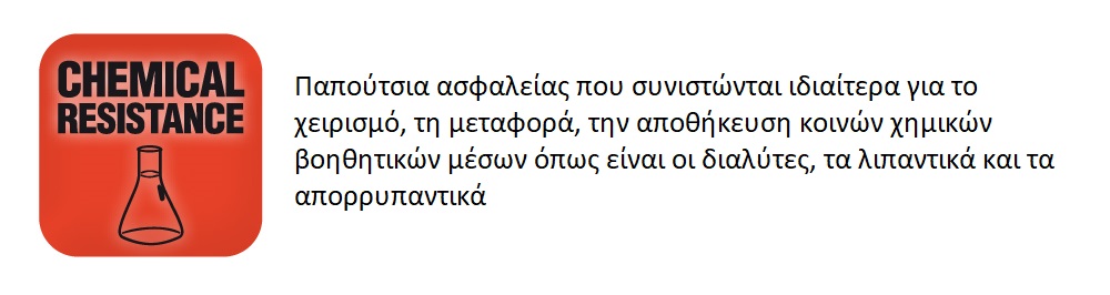 Παπούτσια ασφαλείας που συνιστώνται ιδιαίτερα για το χειρισμό, τη μεταφορά, την αποθήκευση κοινών χημικών βοηθητικών μέσων όπως είναι οι διαλύτες, τα λιπαντικά και τα απορρυπαντικά